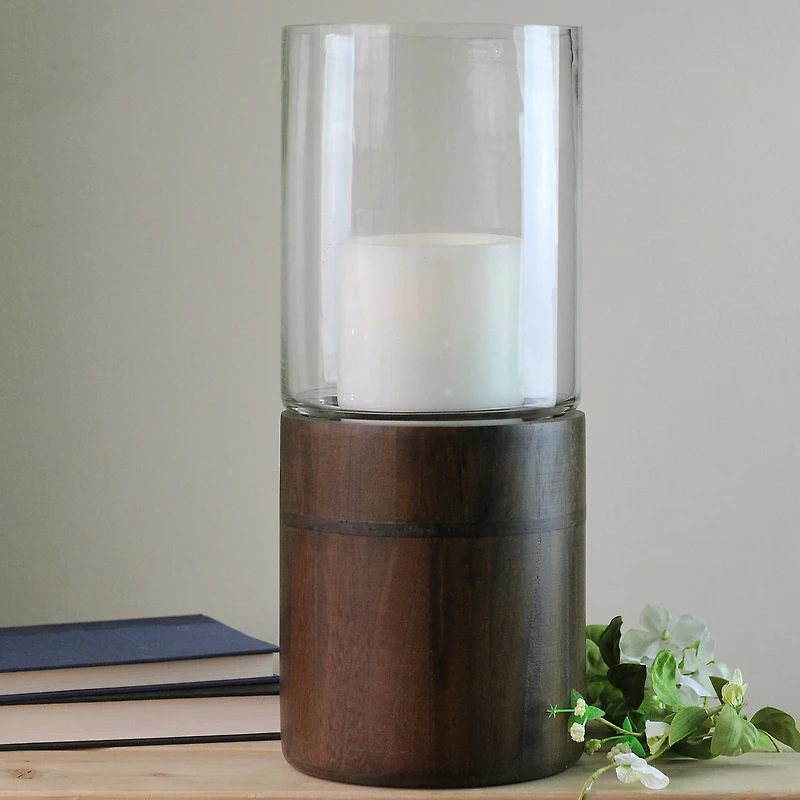 15.25'' Clear Glass Hurricane Pillar Candle Holder with Wooden Base