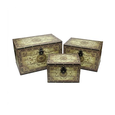 Set of 3 Oriental-Style Brown and Cream Earth Tone Decorative Wooden Storage Boxes 22"