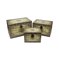 Set of 3 Oriental-Style Brown and Cream Earth Tone Decorative Wooden Storage Boxes 22"