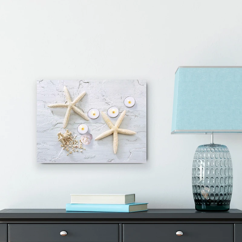 LED Lighted Starfish Seashell and Tea Light Candles Canvas Wall Art 15.75"