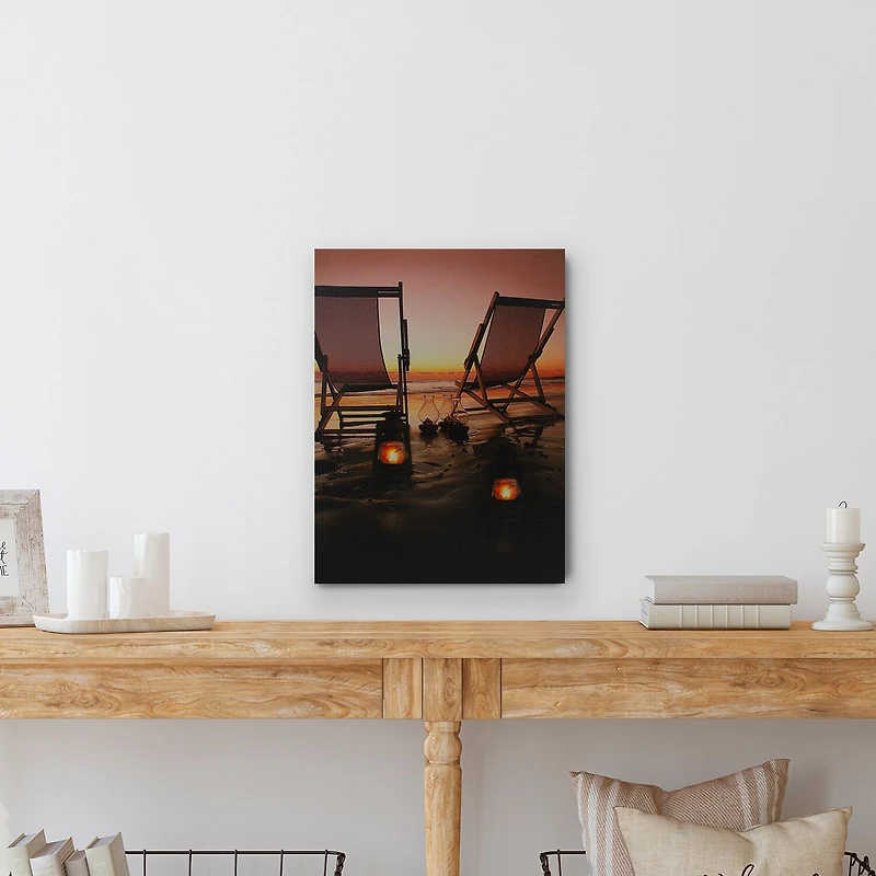 LED Lighted Sunset Beach Chairs with Lanterns Canvas Wall Art 15.75"