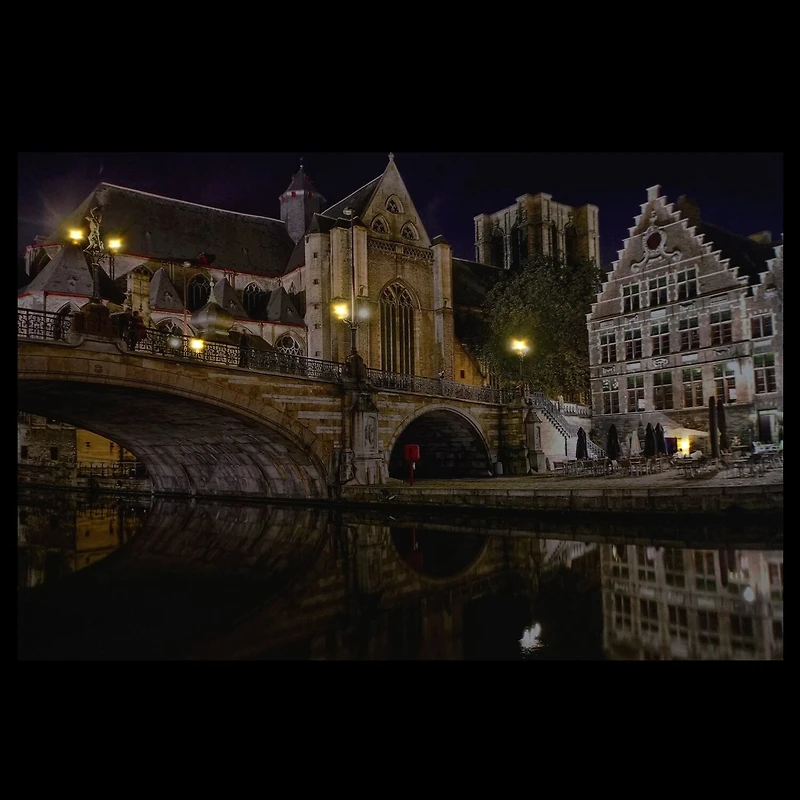 LED Lighted Famous St. Michael's Bridge and Church in Ghent Belgium Canvas Wall Art 15.75" x 23.5"