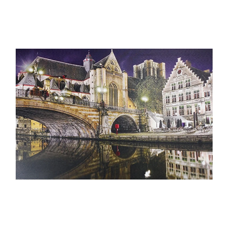 LED Lighted Famous St. Michael's Bridge and Church in Ghent Belgium Canvas Wall Art 15.75" x 23.5"