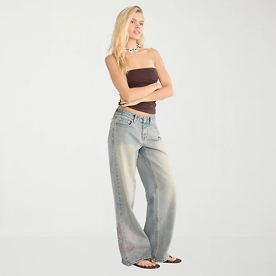AEROPOSTALE Hibiscus Rhinestone Womens Juniors Low Rise Loose Fit Jean