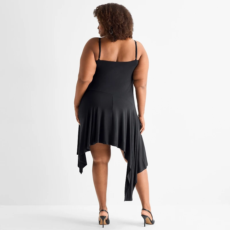 Ashley Graham Womens Plus High-Low Square Neck Sleeveless Fit + Flare Dress