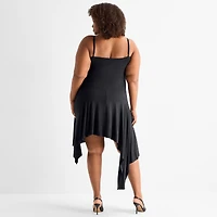 Ashley Graham Womens Plus High-Low Square Neck Sleeveless Fit + Flare Dress