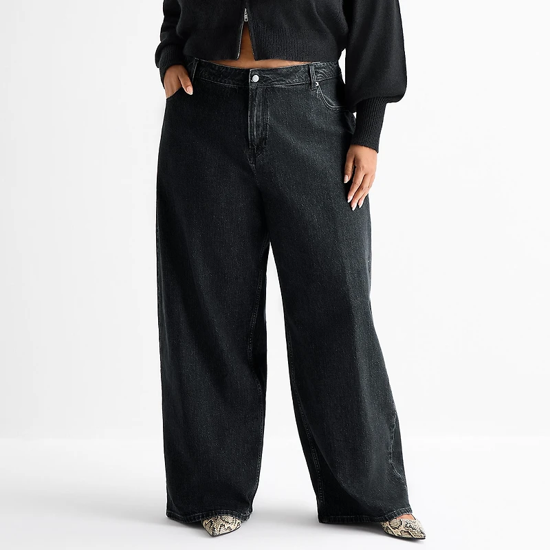 Ashley Graham Slouchy Womens Plus High Rise Wide Leg Jean