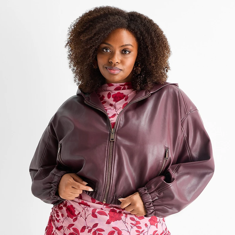 Ashley Graham Womens Plus Cropped Bomber Jacket