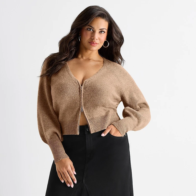 Ashley Graham Womens Plus Blouson Sleeve Zip Front Cardigan