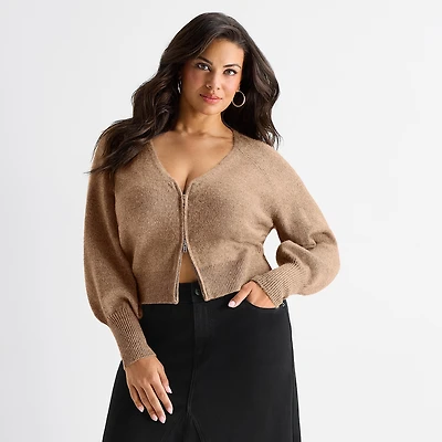 Ashley Graham Womens Plus Blouson Sleeve Zip Front Cardigan