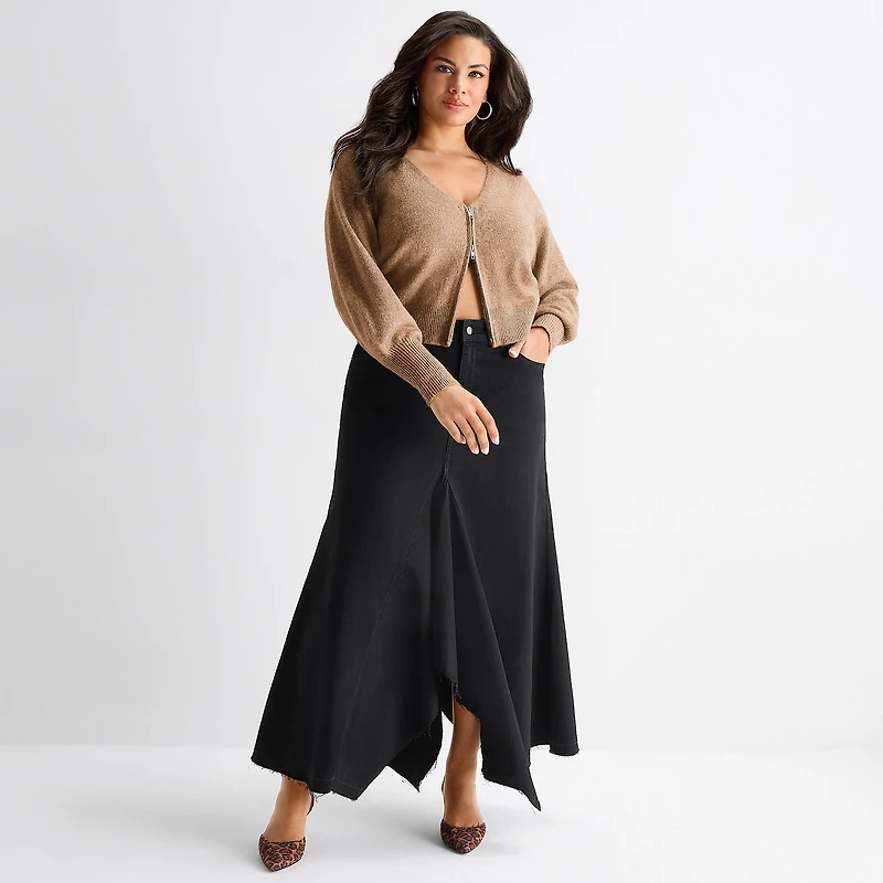 Ashley Graham Womens Plus Blouson Sleeve Zip Front Cardigan