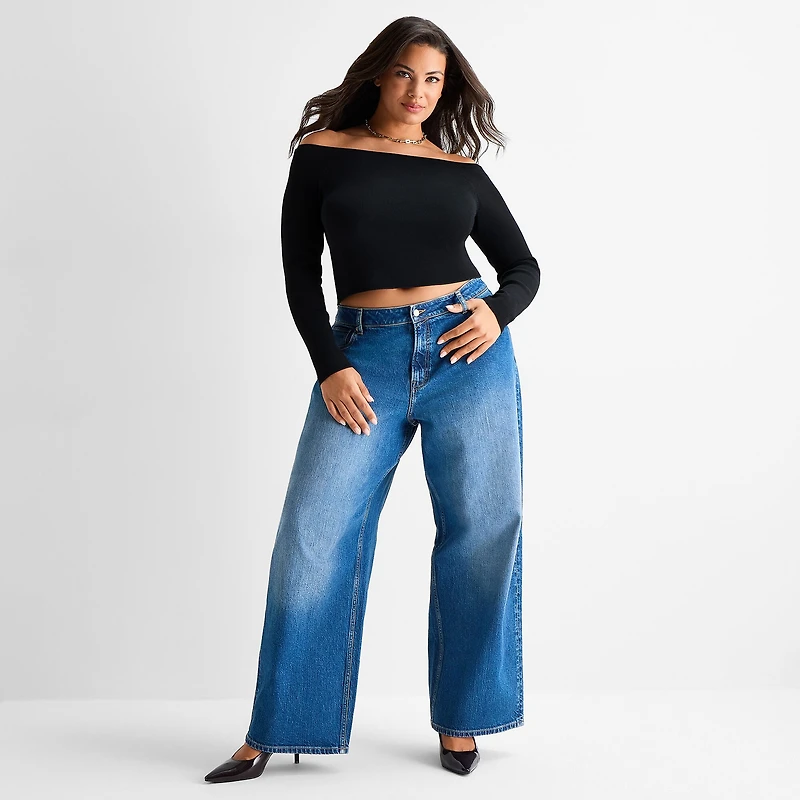 Ashley Graham Womens Plus Off the Shoulder Long Sleeve Top