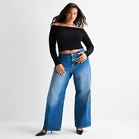 Ashley Graham Womens Plus Off the Shoulder Long Sleeve Top