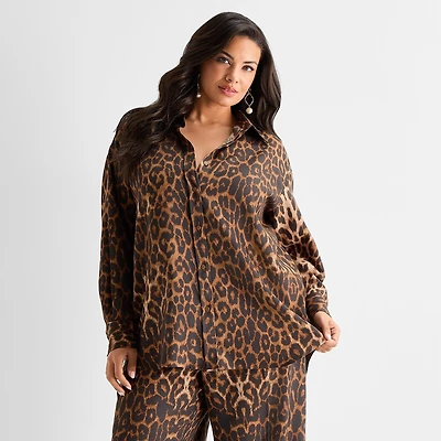 Ashley Graham Womens Plus Long Sleeve Regular Fit Button-Down Shirt