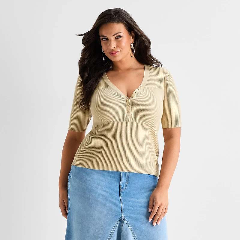 Ashley Graham Plus Womens V Neck Elbow Sleeve Pullover Sweater