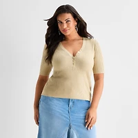 Ashley Graham Plus Womens V Neck Elbow Sleeve Pullover Sweater