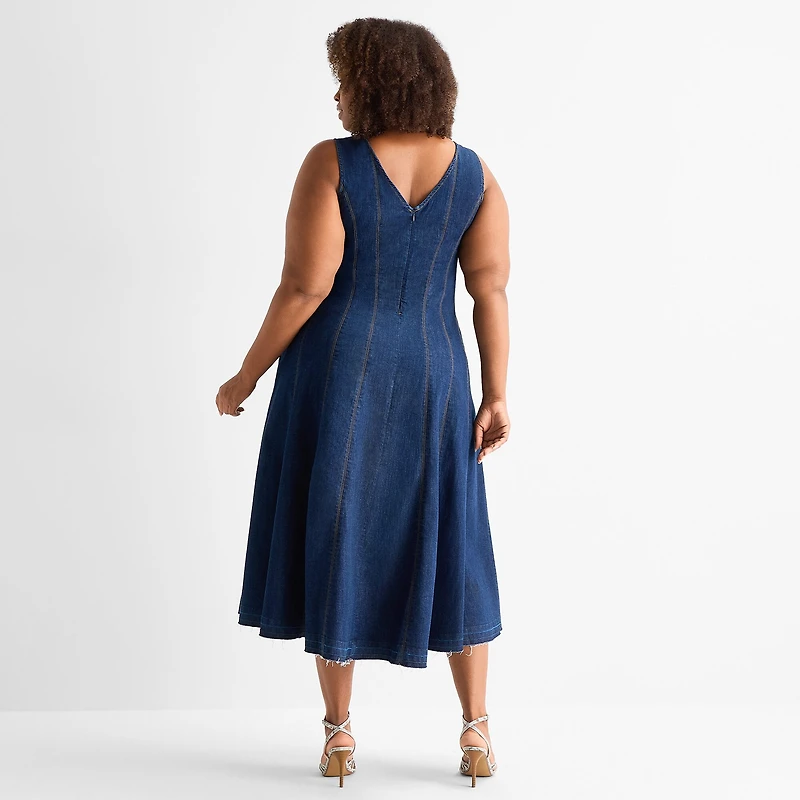 Ashley Graham Womens Plus V Neck Sleeveless A-Line Dress