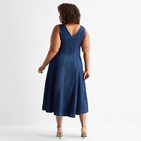 Ashley Graham Womens Plus V Neck Sleeveless A-Line Dress