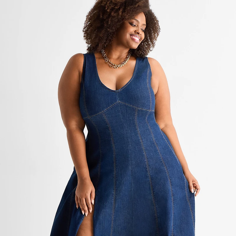 Ashley Graham Womens Plus V Neck Sleeveless A-Line Dress