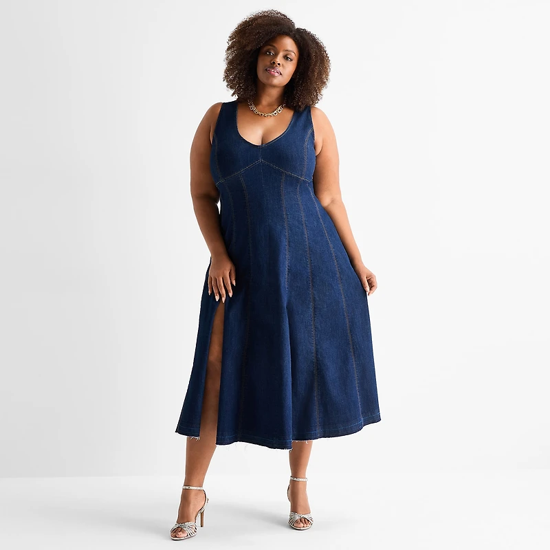 Ashley Graham Womens Plus V Neck Sleeveless A-Line Dress