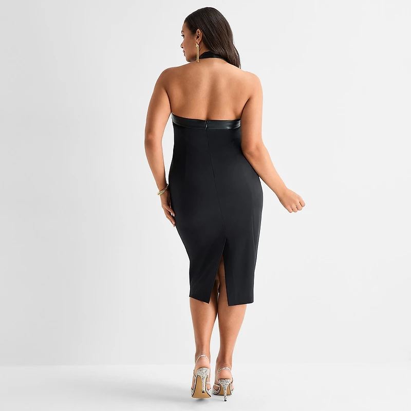 Ashley Graham Womens Plus Midi Halter Neck Sleeveless Bodycon Dress