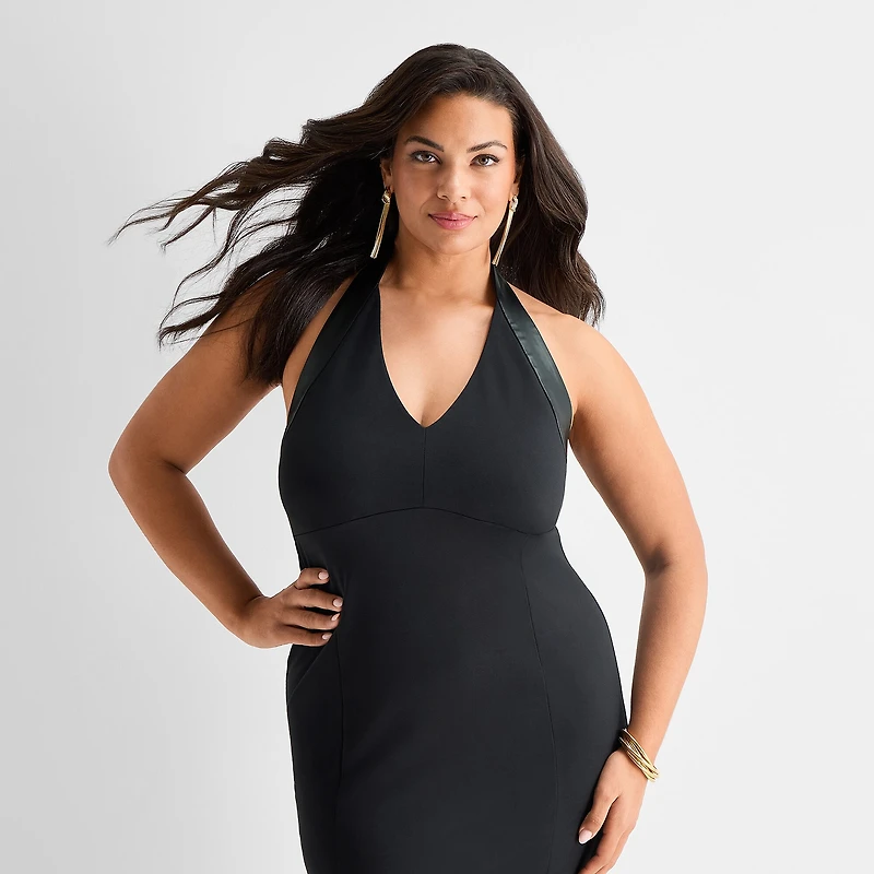 Ashley Graham Womens Plus Midi Halter Neck Sleeveless Bodycon Dress