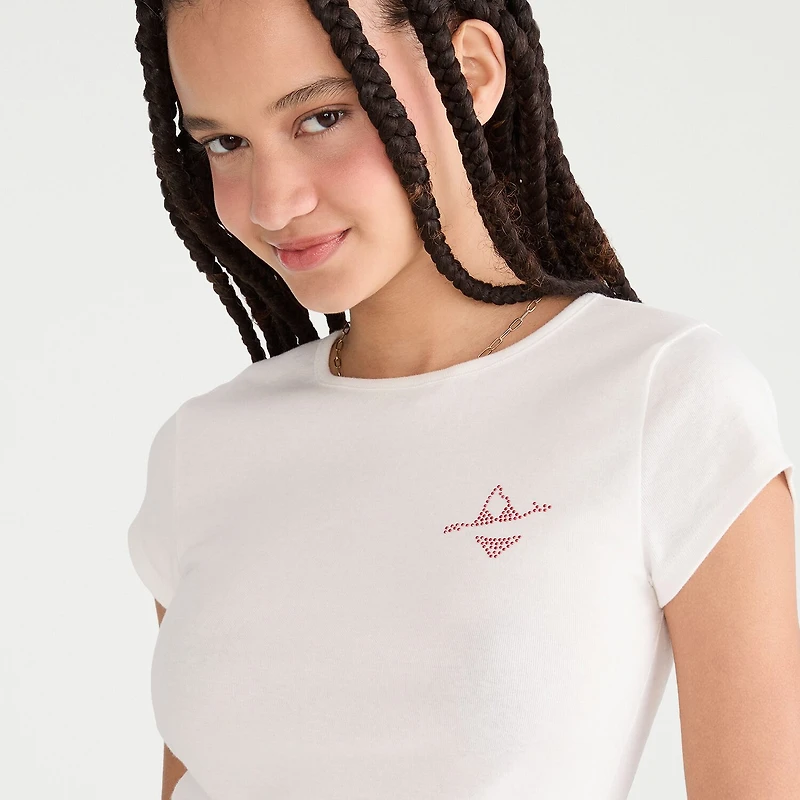 AEROPOSTALE Womens Juniors Rhinestone Crew Neck Short Sleeve Regular Fit Graphic T-Shirt