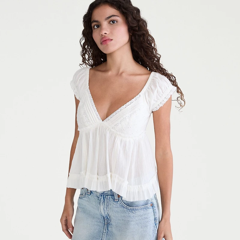 AEROPOSTALE Womens Juniors V Neck Short Sleeve Babydoll Top