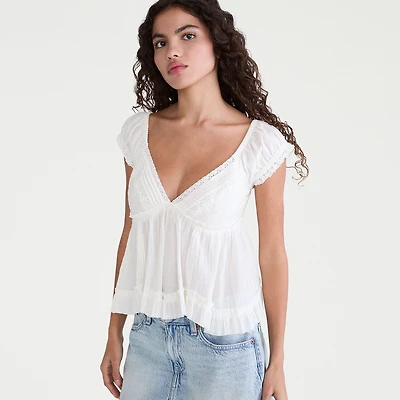 AEROPOSTALE Womens Juniors V Neck Short Sleeve Babydoll Top