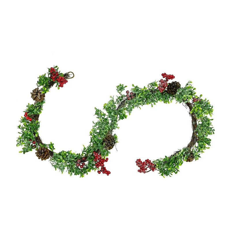6' Glittered Artificial Boxwood Pine Cone and Red Berry Christmas Garland- Unlit