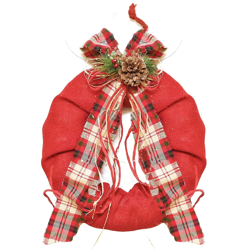Red Plaid Bow and Pine Accents Artificial Christmas Wreath - 13-Inch Unlit