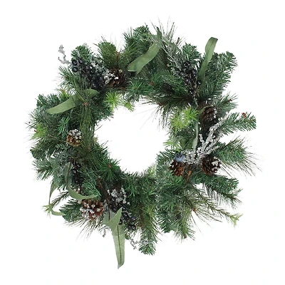 Mixed Pine with Blueberries Pine Cones and Ice Twigs Artificial Christmas Wreath - 24-Inch  Unlit