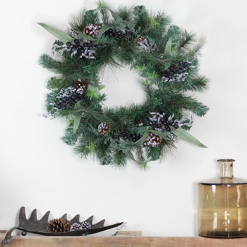Mixed Pine with Blueberries Pine Cones and Ice Twigs Artificial Christmas Wreath - 24-Inch Unlit