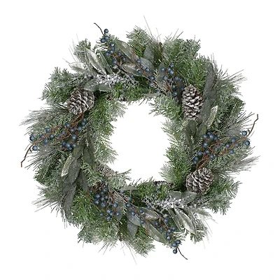 Mixed Pine and Blueberries Artificial Christmas Wreath -24-Inch Unlit