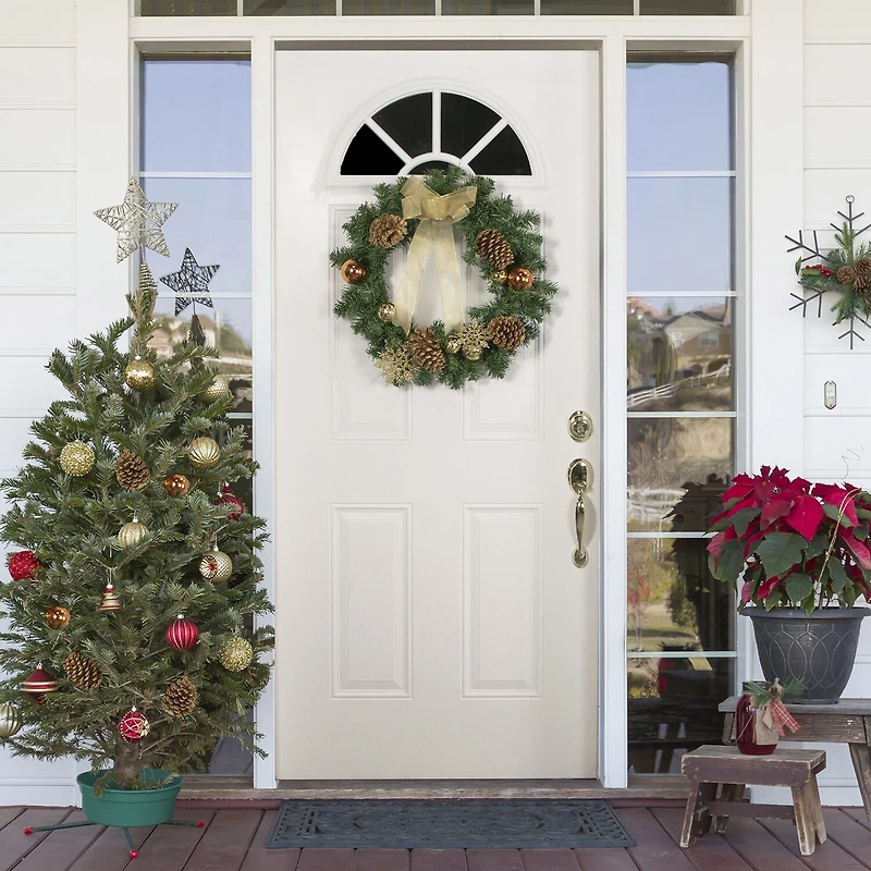 Pre-Decorated Ball Ornaments and Bow Artificial Christmas Wreath 24-Inch Unlit