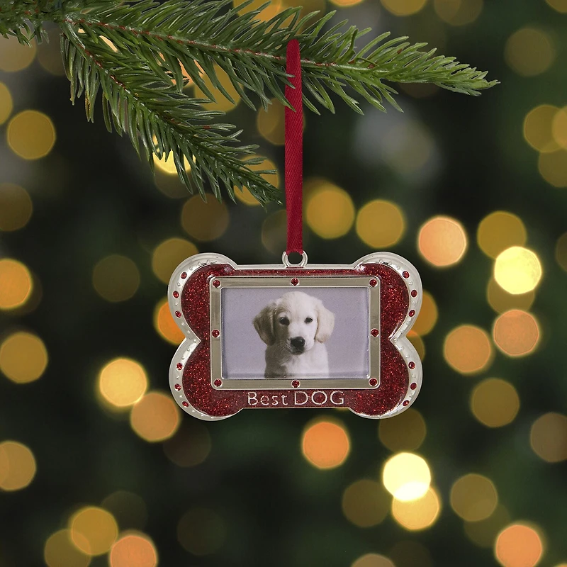 3'' Red and Silver-Plated Best Dog Bone Christmas Ornament with European Crystals