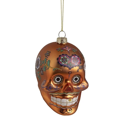 4'' Orange Day of the Dead Glass Skull Halloween Ornament