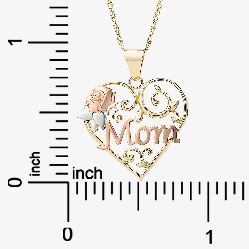 "Mom" Womens 10K Tri-Color Gold Heart 18 Inch Pendant Necklace