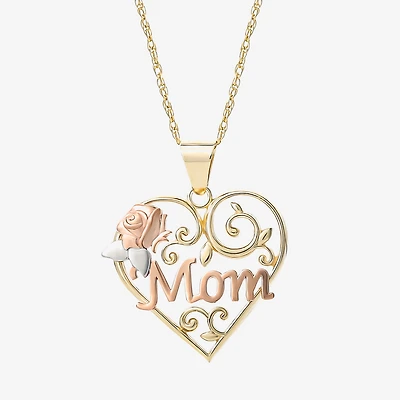 "Mom" Womens 10K Tri-Color Gold Heart 18 Inch Pendant Necklace