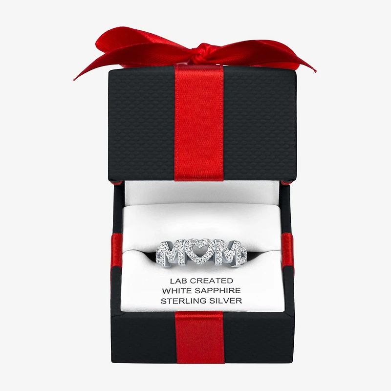 Yes, Please! "Mom" Womens Lab Created White Sapphire Sterling Silver Heart Band