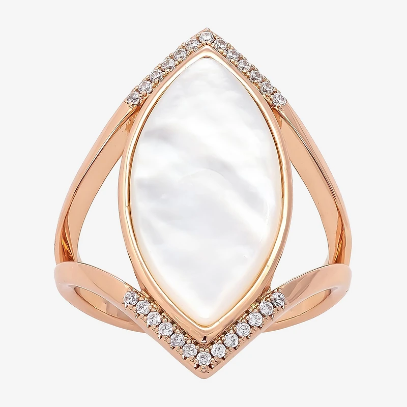 Sparkle Allure Split Shank Womens White Cultured Freshwater Pearl Mother Of 18K Rose Gold Over Brass Marquise Cocktail Ring