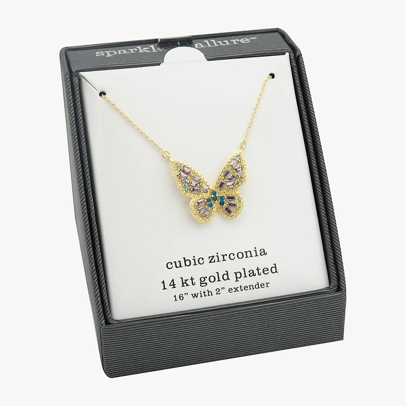 Sparkle Allure Womens Multi Color Cubic Zirconia 14K Gold Over Brass Butterfly 16 Inch Pendant Necklace