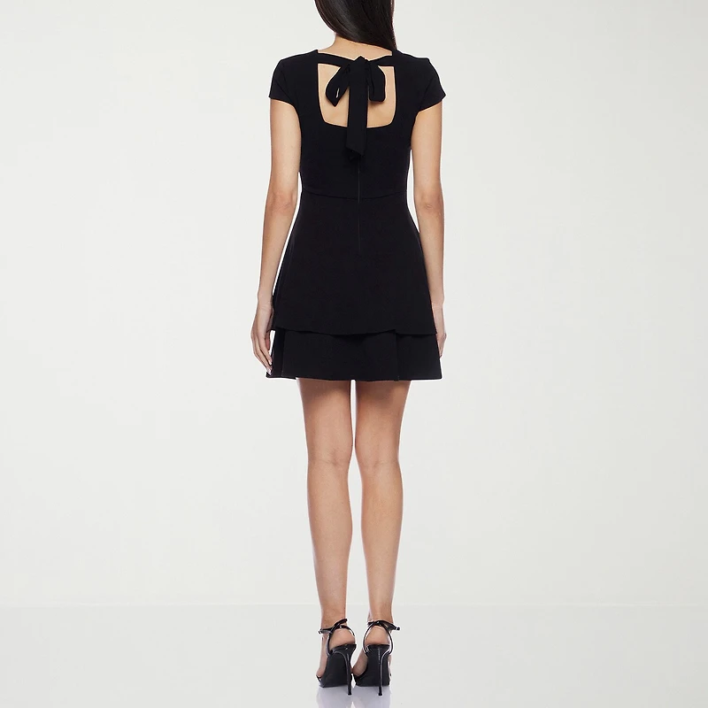 B. Smart Bow Back Womens Juniors Jewel Neck Short Sleeve Cap Fit + Flare Dress