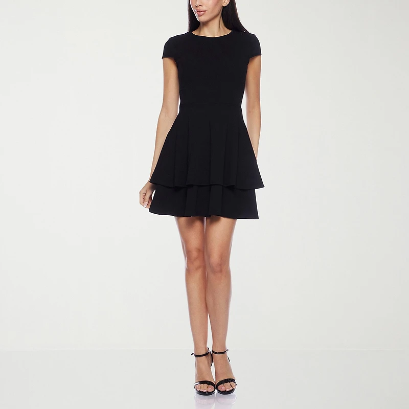 B. Smart Bow Back Womens Juniors Jewel Neck Short Sleeve Cap Fit + Flare Dress