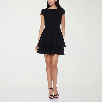 B. Smart Bow Back Womens Juniors Jewel Neck Short Sleeve Cap Fit + Flare Dress