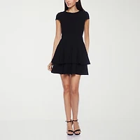 B. Smart Bow Back Womens Juniors Jewel Neck Short Sleeve Cap Fit + Flare Dress