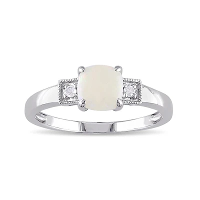 Genuine Opal and Diamond-Accent Sterling Silver Ring