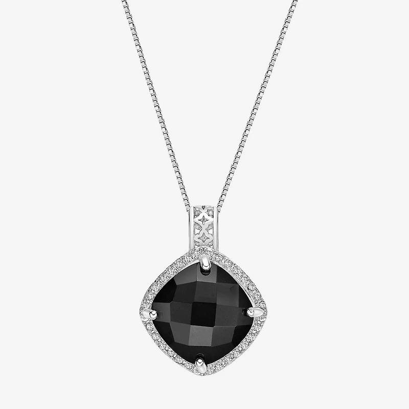 Womens Genuine Black Onyx Sterling Silver Cushion 18 Inch Pendant Necklace