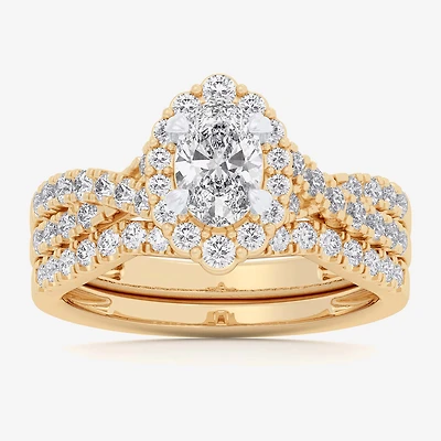 Signature By Modern Bride (G-H / Si1-Si2) Womens 1 1/3 CT. T.W. Lab Grown White Diamond 10K Gold Oval Side Stone Halo Bridal Set