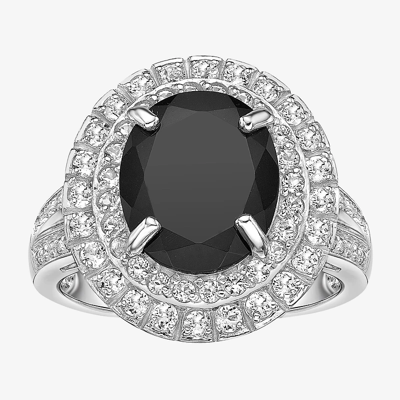 Womens Genuine Black Onyx Sterling Silver Oval Halo Cocktail Ring